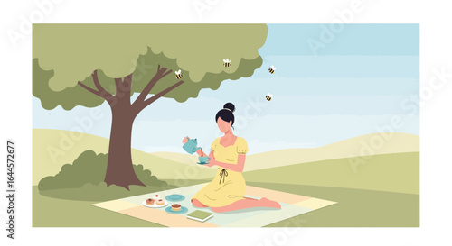 Afternoon Tea In Nature Woman Pouring Drink On Picnic Blankets
