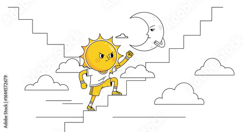 Against Moon The Sun Climbs The Stairs To The Top With Confidence