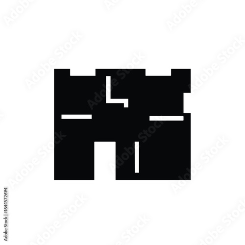 A minimalist black silhouette of a medieval castle or fortress icon, featuring battlements and an entrance, isolated on a clean white background.