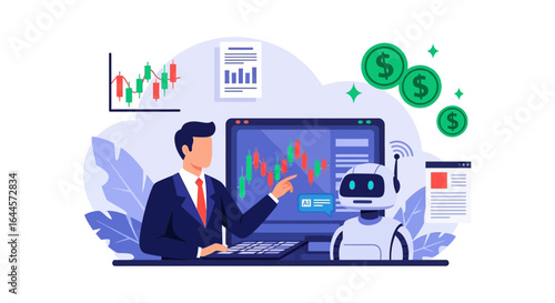 AI Powered Trading Platform: Man and Robot Analyzing Stock Market Data for Financial Gain
