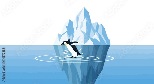 A Playful Penguin Leaps into Antarctic Waters near a Majestic Iceberg Illustration