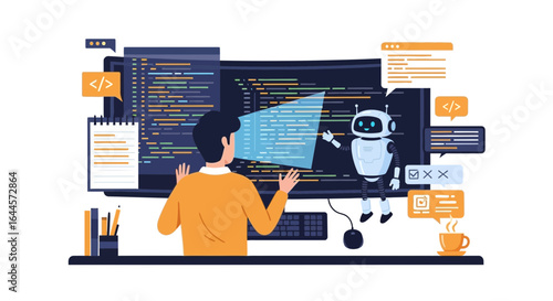 A programmer interacts with an AI-powered robot while writing code on a computer screen and developing software