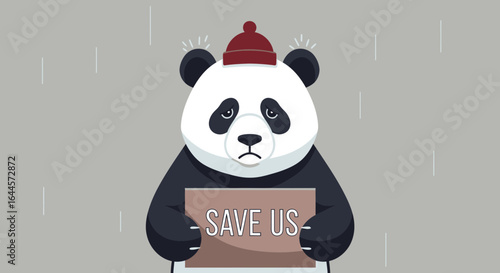 A sad panda with a sign pleading for help depicting environmental conservation issues
