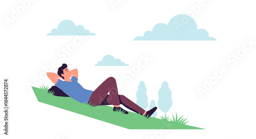A relaxed man lying on the grass enjoying the tranquility of nature and peaceful state of mind under a bright and clear sky with fluffy clouds
