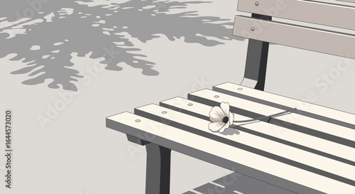 An artistic vector image of a solitary white flower resting on a park bench