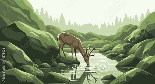 A serene illustration depicting a deer drinking water in a rocky forest stream