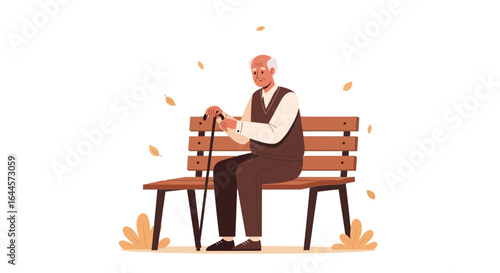 An elderly man with walking stick sitting on a bench in an autumn setting illustration