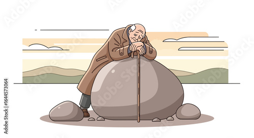 An elderly man rests with his cane on a large rock in a calm landscape setting