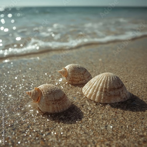 Three Seashells Washed Ashore on a Sandy Beach with Gentle Waves