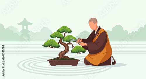 A serene illustration of a monk carefully pruning a bonsai tree in a zen garden with pagoda architecture, capturing the essence of tranquility and mindfulness
