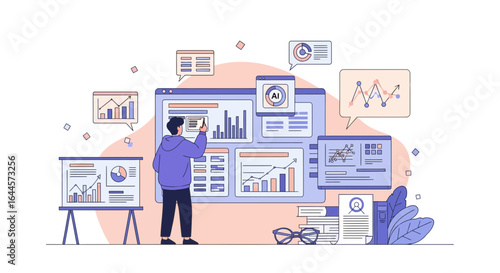 Analytic Dashboard Illustration Of a Businessman Analyzing Data Information