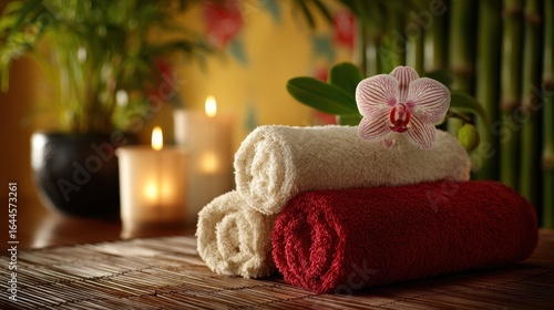 A spa setting with orchids, towels, and candles
