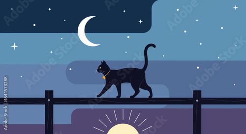 A serene night scene featuring a black cat walking on a fence under the moonlight and stars