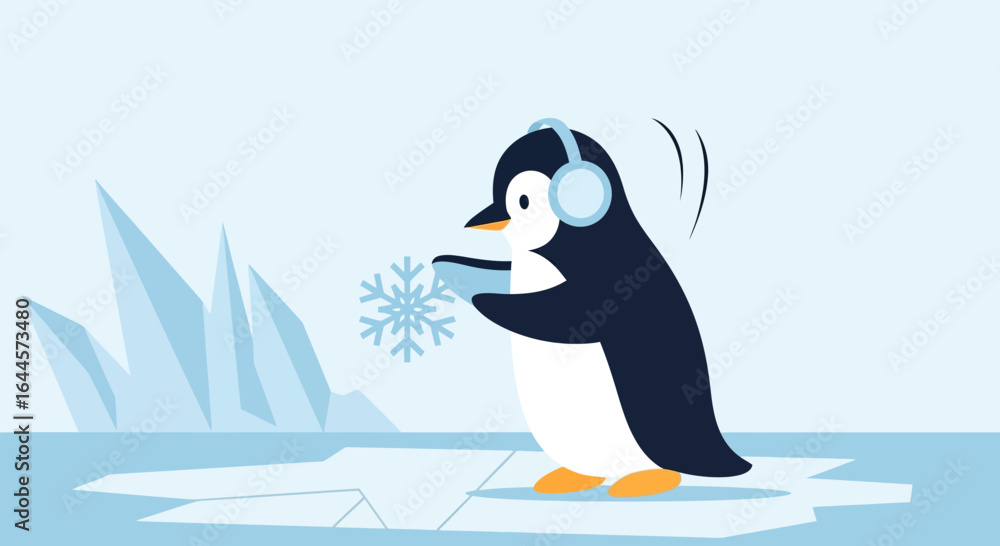 Naklejka premium Animated penguin with headphones and snowflake standing on icy ground illustration
