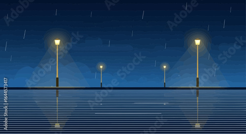 A serene vector illustration of streetlights reflected on water during a rainy night