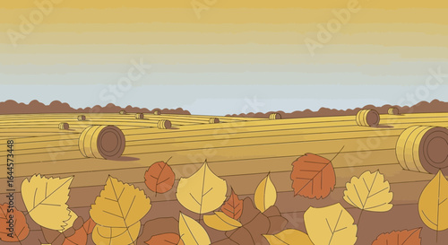 A serene vector illustration showcasing an autumn landscape with hay bales and leaves