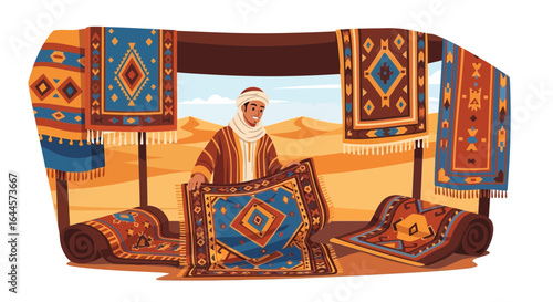 Arabian merchant displaying colorful carpets in a desert stall creating an exotic shopping scene filled with cultural richness