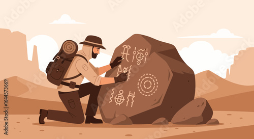 Archaeologist discovers ancient rock inscriptions in a desert landscape exploration