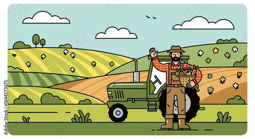 A stylized illustration showcasing a farmer and his tractor on a farm with crops in background, depicting agriculture and rural life