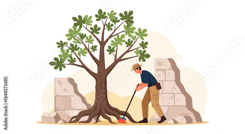 Archeologist carefully brushing off dirt and debris from ancient ruins near tree