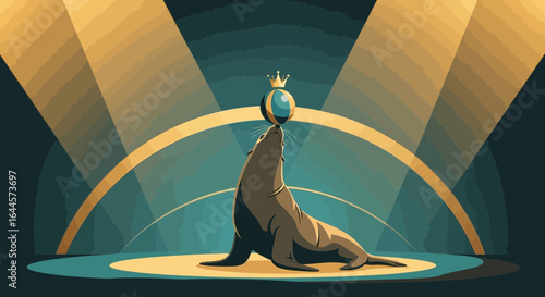 A stylized vector illustration of a seal balancing a ball with a crown, under spotlights, evokes a circus or performance art aesthetic
