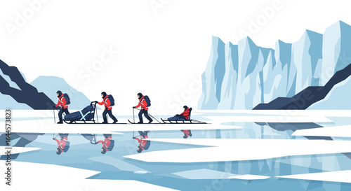 Arctic exploration team traversing icy terrain with sleds and mountain backdrop in the distance