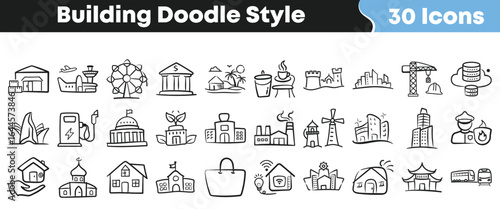 Set of 30 building doodle style icons for architecture, real estate, tourism, commercial, residential, and urban infrastructure concepts