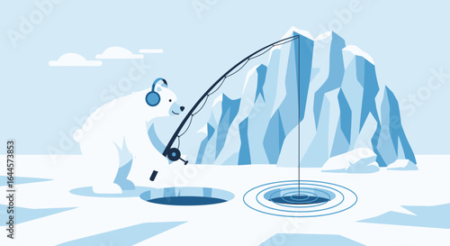 Arctic Harmony: Polar Bear Fishing with Headphones amidst Icebergs Landscape