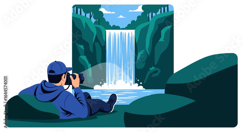 A vibrant illustration of a photographer capturing the beauty of a waterfall scene in a natural landscape environment