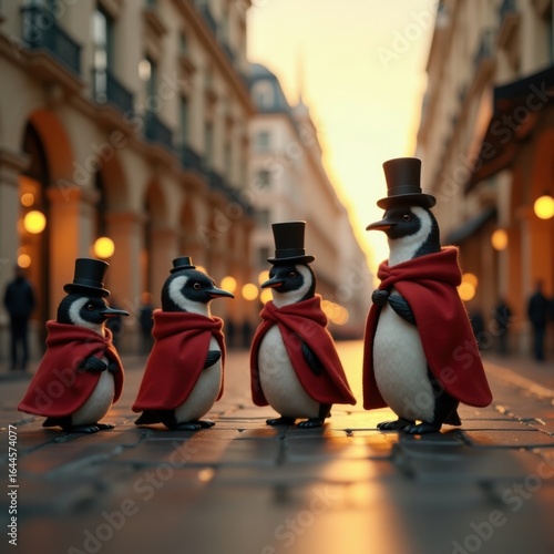 Chic Penguins Enjoy Parisian Street Scene at Dusk