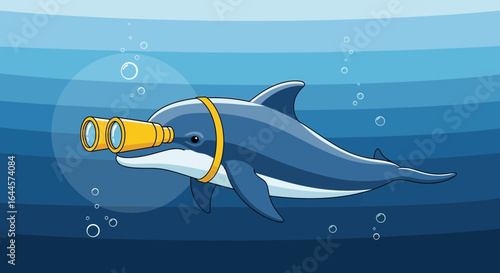 A whimsical cartoon dolphin using binoculars to explore the deep blue sea underwater