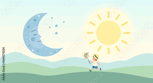 A whimsical depiction of childhood joy with contrasting celestial bodies and innocence