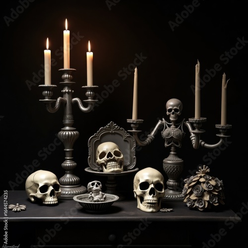 Gothic Macabre Scene with Skulls Candlesticks and Ornate Details on a Dark Surface