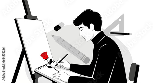 Artist drawing a rose on canvas with art supplies in monochrome illustration