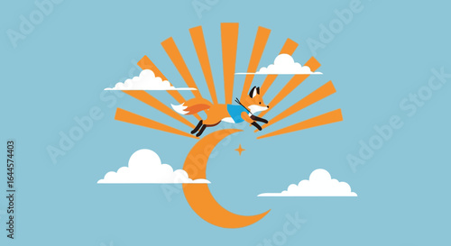 A whimsical illustration of a fox leaping over the crescent moon during daytime adventure