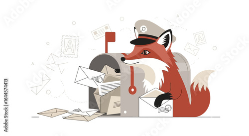 A whimsical illustration of a fox postman delivering letters with vintage mailboxes and envelopes creating an inviting nostalgic scene