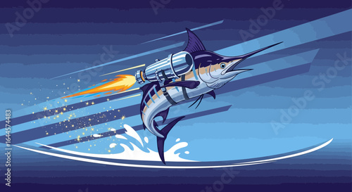 A whimsical illustration of a marlin fish equipped with a rocket soaring through the ocean