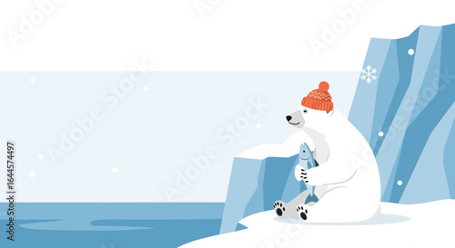 A whimsical illustration of a polar bear holding a fish in a winter wonderland