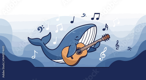 A whimsical illustration of a whale serenading the ocean with its guitar melody