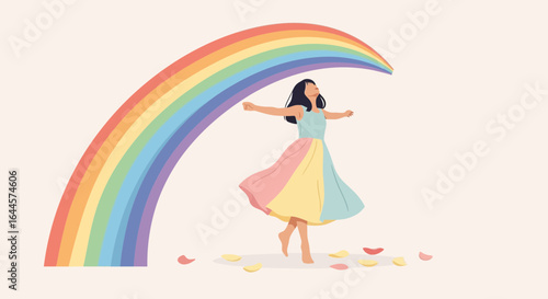 A whimsical illustration of a woman under a rainbow embodies joy and freedom