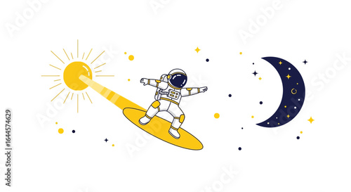 A whimsical illustration of an astronaut surfing a sunbeam towards the moon and stars in space