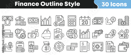 Set of 30 outline finance icons with banking, currency, investment, payment and business symbols in modern line style