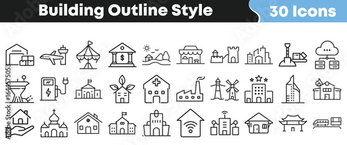 Set of 30 building outline style icons for architecture, real estate, urban development, tourism, commercial, and residential concepts