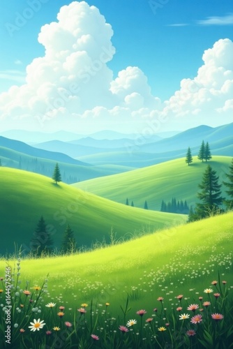 Vast Rolling Green Hills Under a Bright Blue Sky with Fluffy Clouds