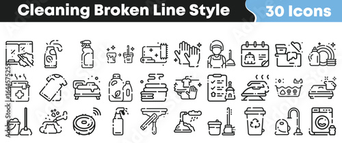 Collection of 30 broken line style cleaning icons for housekeeping, sanitation, and hygiene services, editable vector graphics set