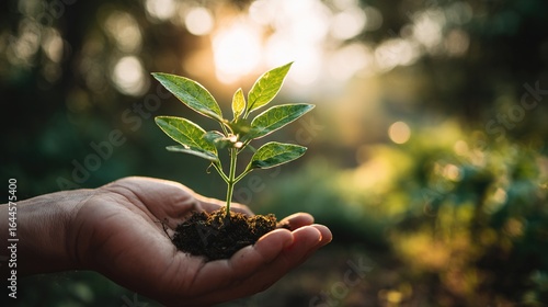Hand holding a young sprout with sunlight filtering through leaves against an earthy background symbolizes growth, sustainability, and environmental awareness.