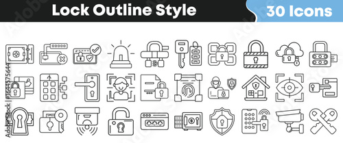 Lock outline style icon set with 30 modern security, privacy, and access control symbols for physical and digital protection in vector format