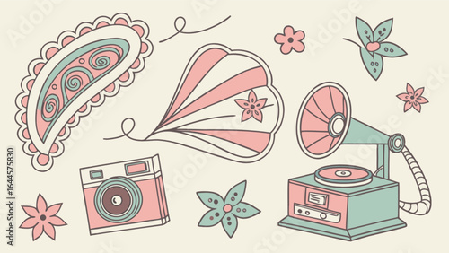 Vintage aesthetic illustration with paisley camera gramophone and flowers for retro design projects