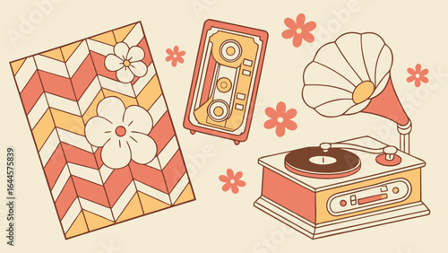 Retro music player cassette tape and vinyl record player vintage style illustration vector graphic design