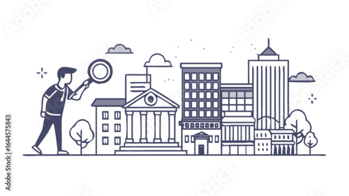 Real estate search and inspection concept with magnifying glass over city buildings vector illustration